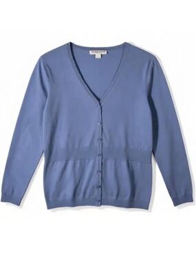 Blue Silk Cotton Cardigan Sweater V Neck Button Size PM